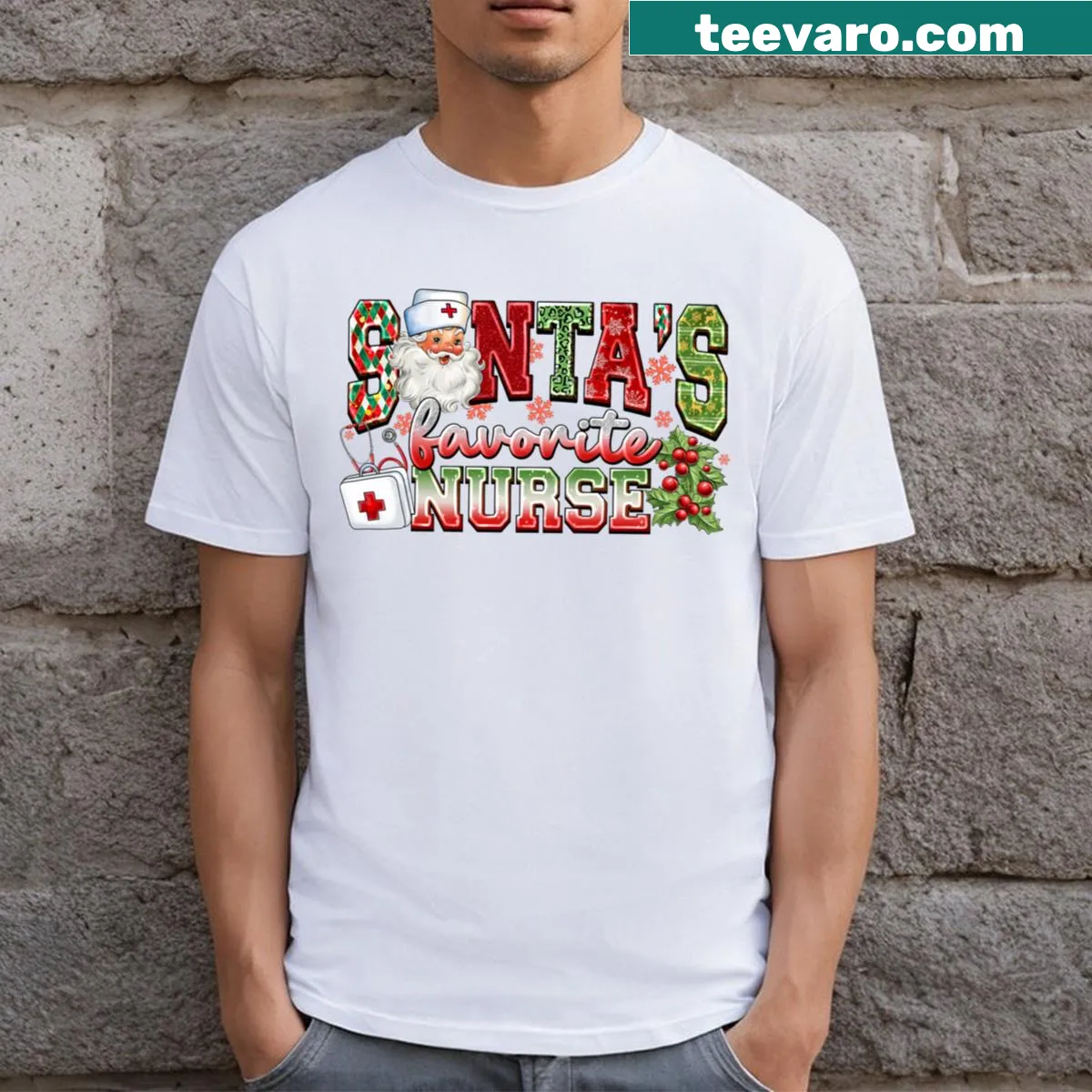 Christmas T-shirt for nurses with 'Santa's Favorite Nurse' text — on a men's t-shirt