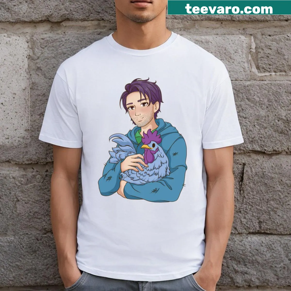 Whimsical T-shirt featuring Shane and a blue chicken illustration. — on a men's t-shirt