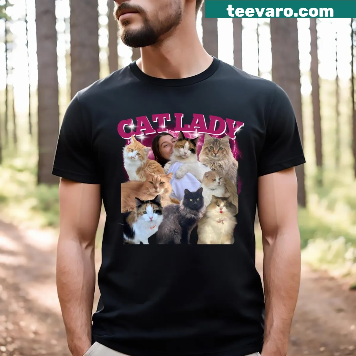 Charming cat lady illustration on a T-shirt for cat lovers — on a men's t-shirt