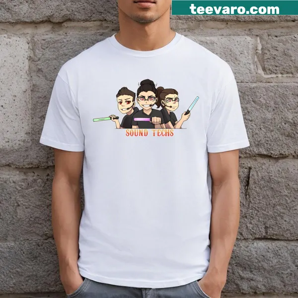 Graphic t-shirt honoring sound technicians with bold typography