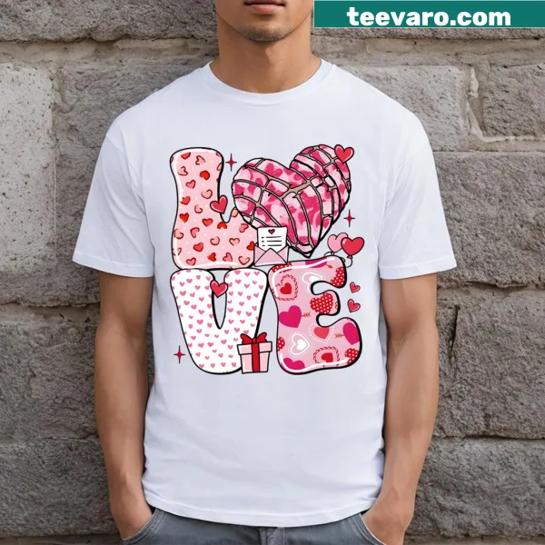 Cute Concha-themed Valentine's Day t-shirt with hearts
