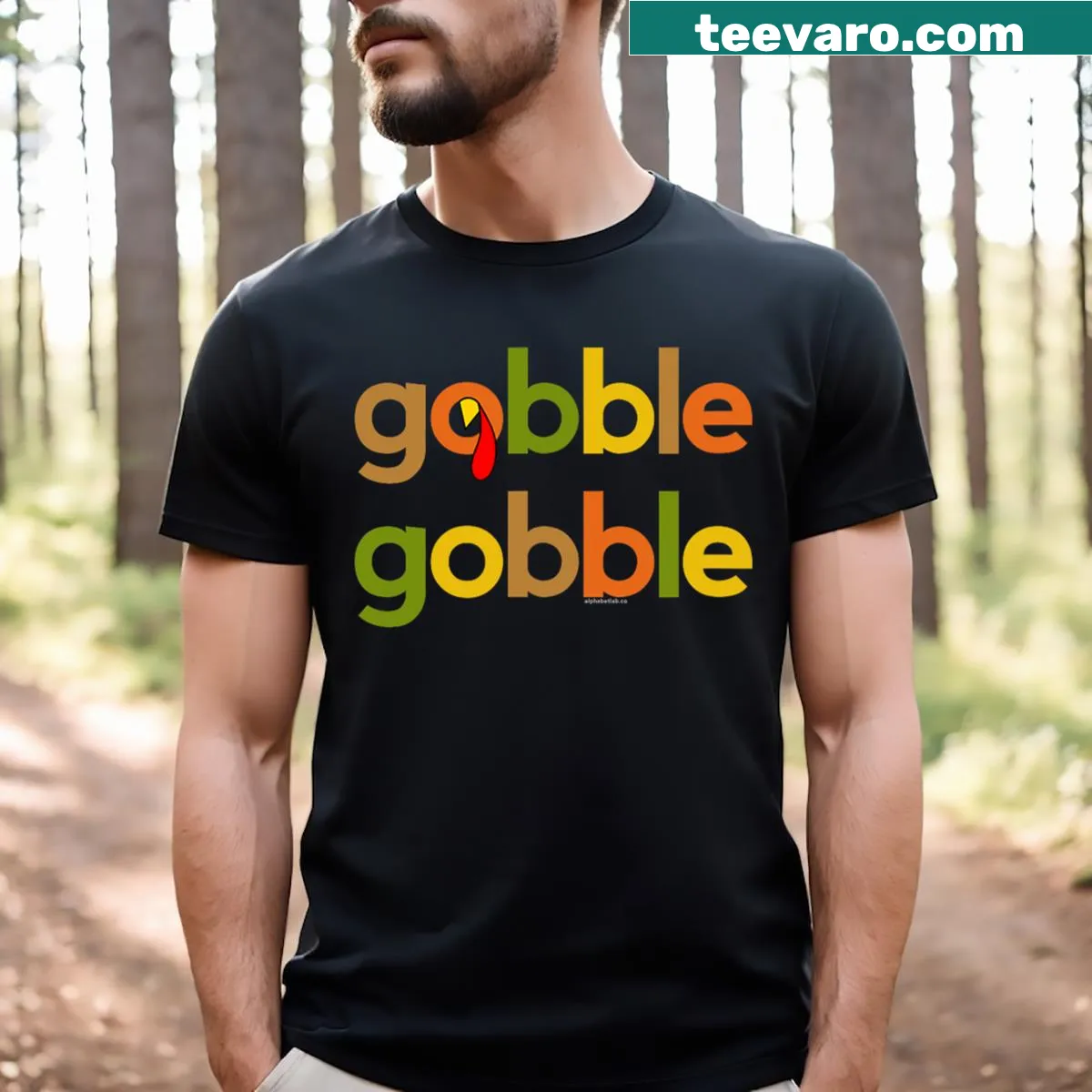 Thanksgiving t-shirt featuring gobble gobble phrase — on a men's t-shirt