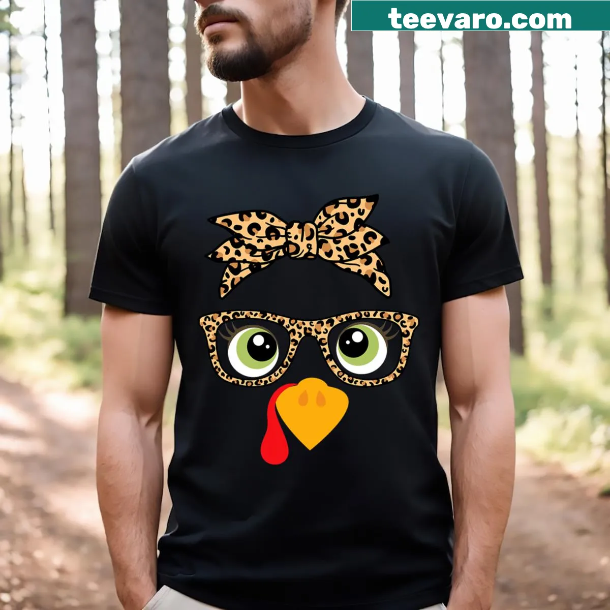 Cute Thanksgiving t-shirt with a turkey face and leopard print glasses — on a men's t-shirt