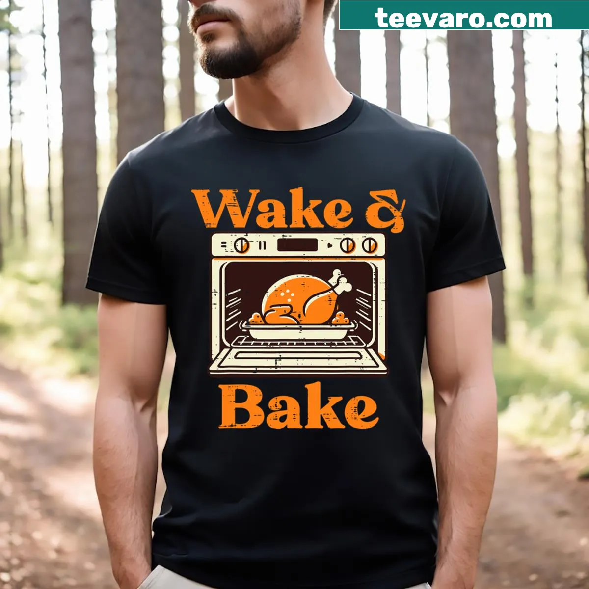 Funny Thanksgiving t-shirt with Wake And Bake typography for dads — on a men's t-shirt