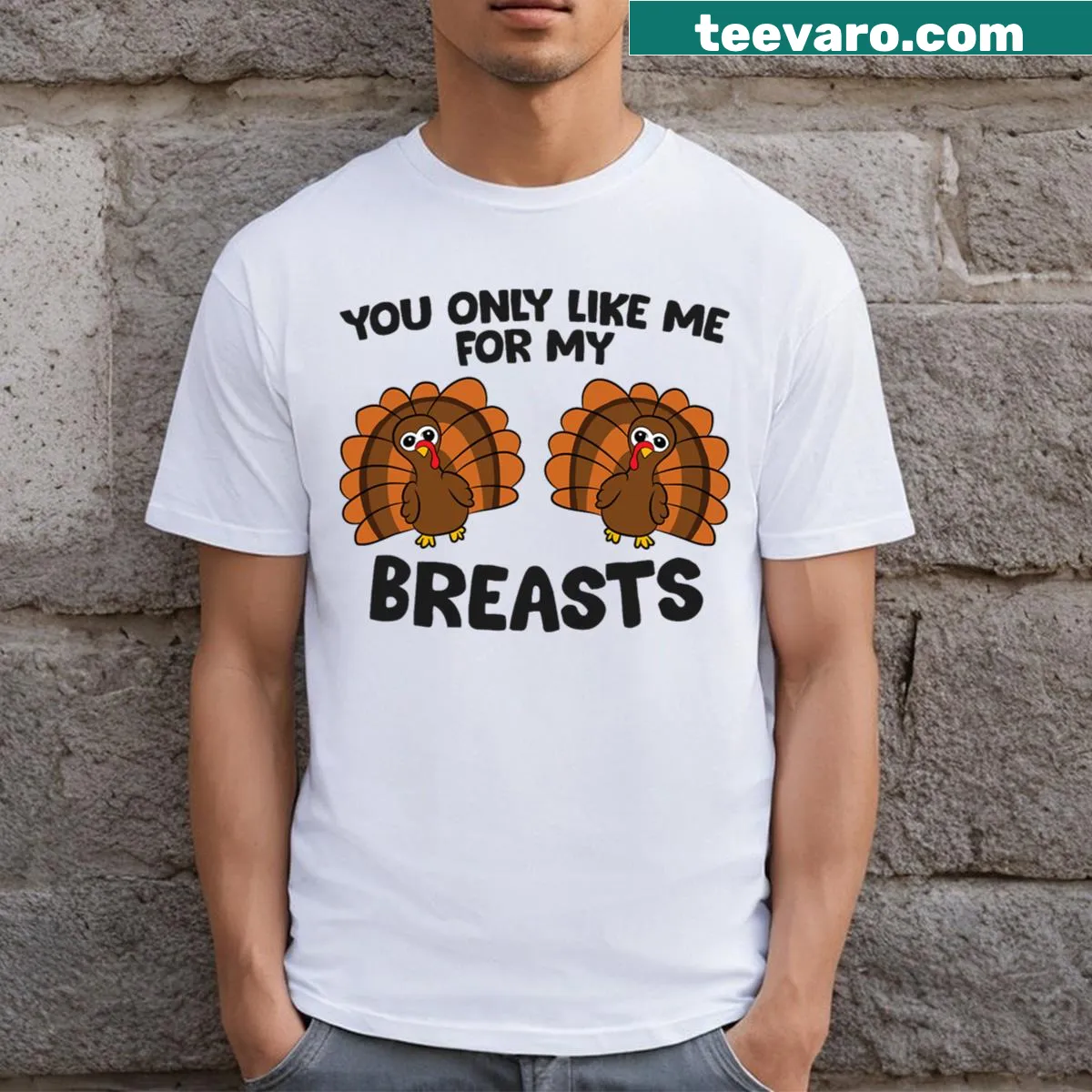 Funny Thanksgiving T-shirt with playful turkey graphic and slogan — on a men's t-shirt
