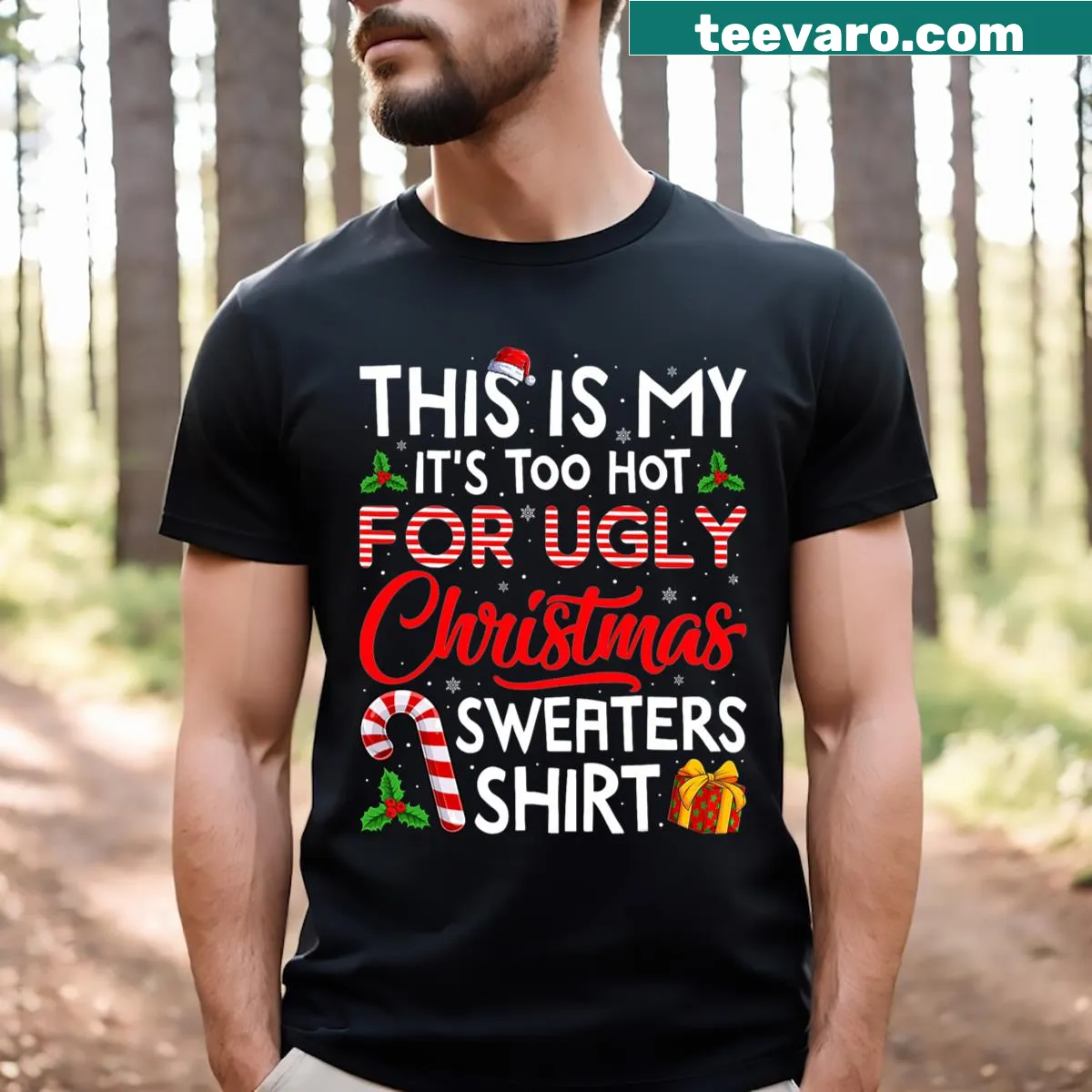 Funny Christmas t-shirt for men with a warm weather message — on a men's t-shirt