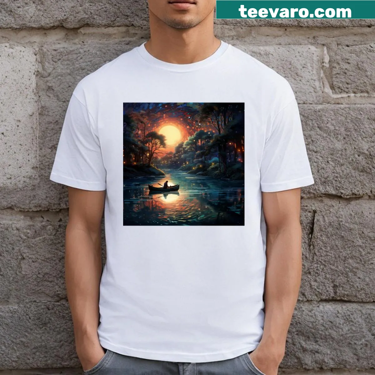 Serene river illustration t-shirt capturing nature's tranquility — on a men's t-shirt