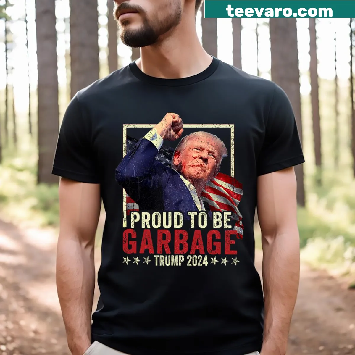 Trump 2024 campaign t-shirt with proud political messaging — on a men's t-shirt