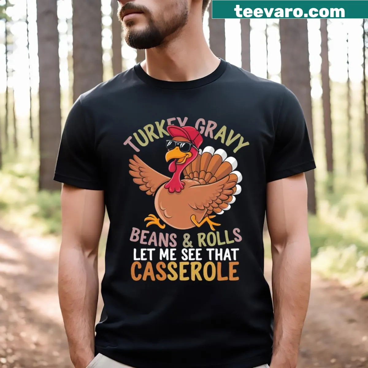 Funny Thanksgiving T-shirt with a list of festive foods including turkey and gravy — on a men's t-shirt