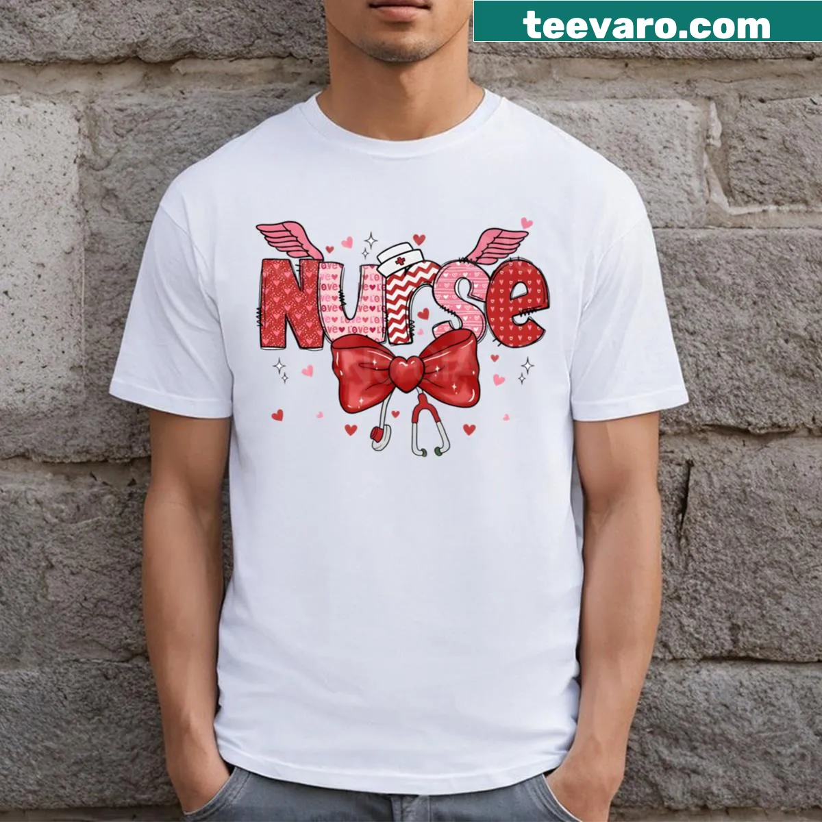 Vintage Valentine Nurse shirt with a cute bow design — on a men's t-shirt