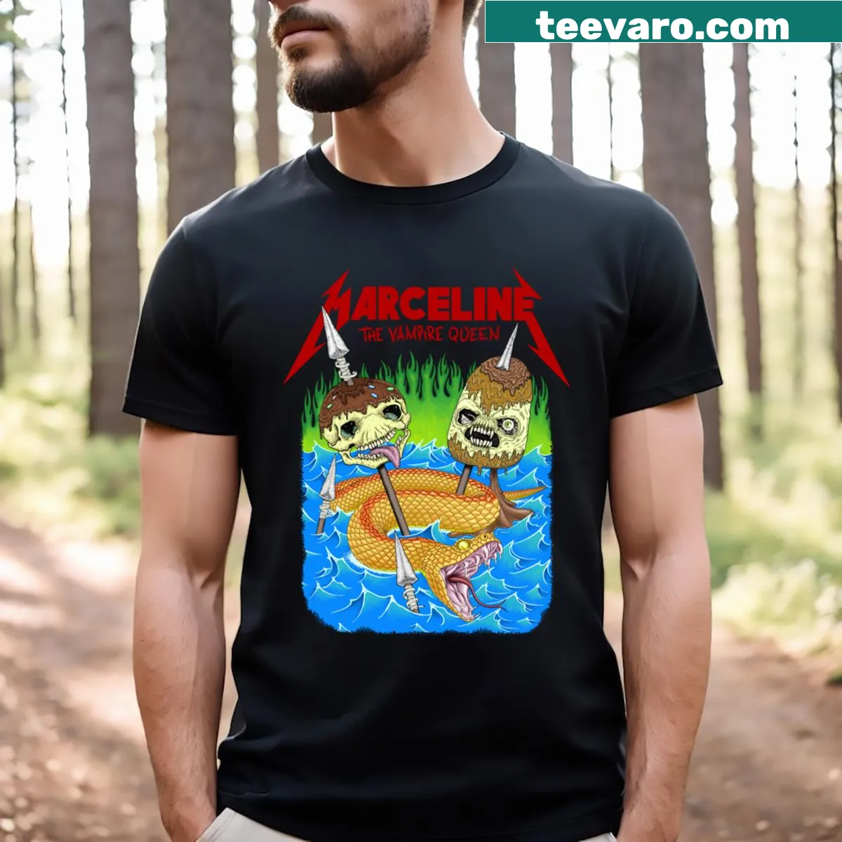 Edgy vampire-themed rock graphic T-shirt — on a men's t-shirt