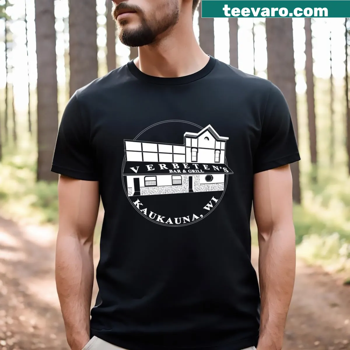 Building craftsmanship illustration on Verbeten's T-shirt — on a men's t-shirt