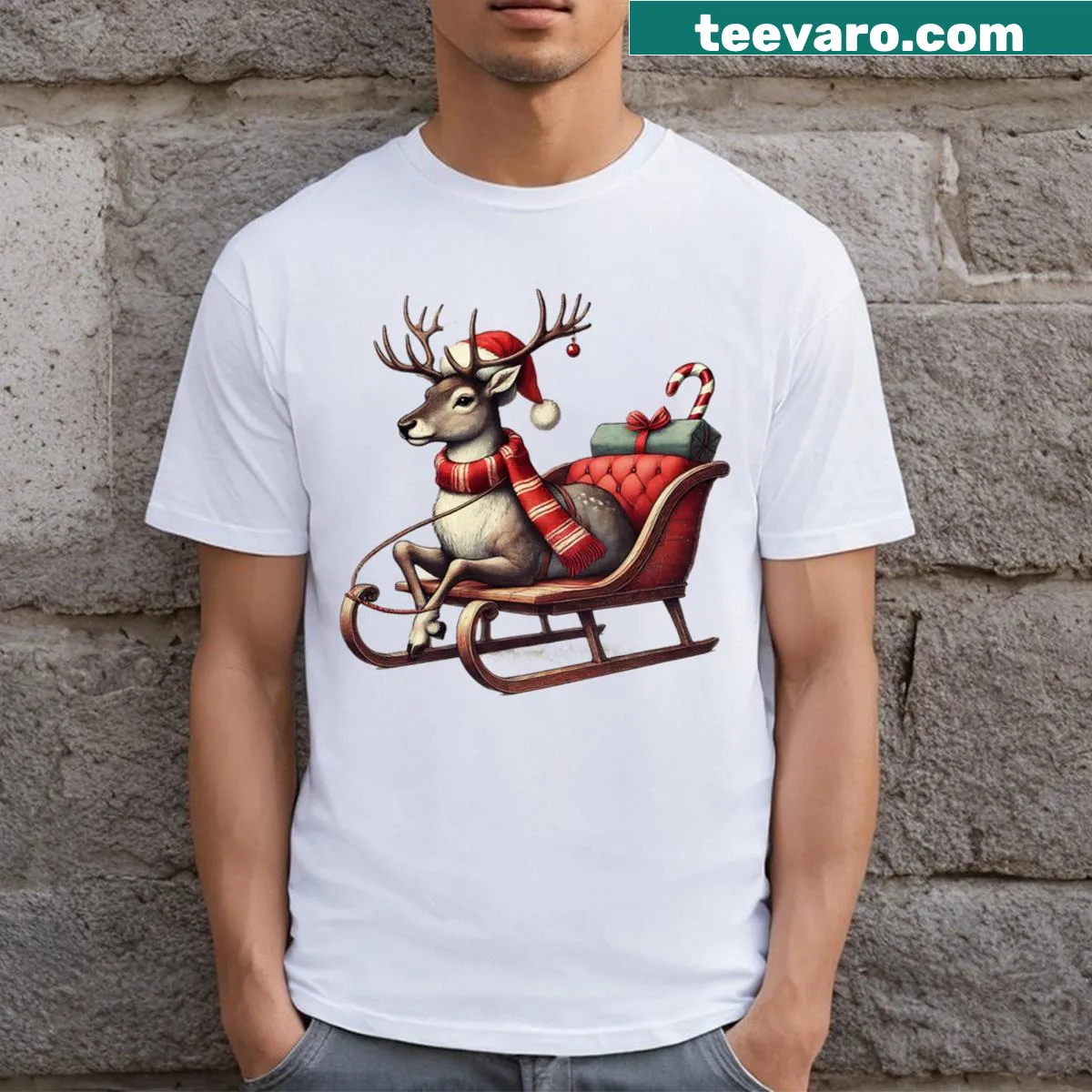 Vintage reindeer t-shirt with Santa hat and sleigh illustration — on a men's t-shirt