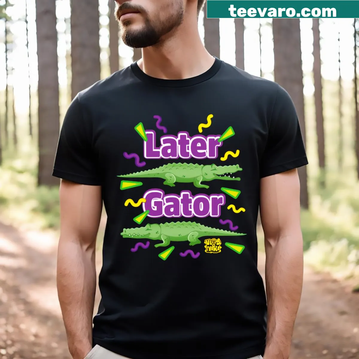 Playful t-shirt featuring Vlad and Niki with 'Later Gator' text — on a men's t-shirt