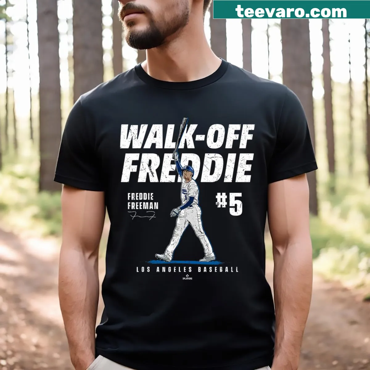 Bold typography Walk Off Freddie Freeman baseball t-shirt — on a men's t-shirt