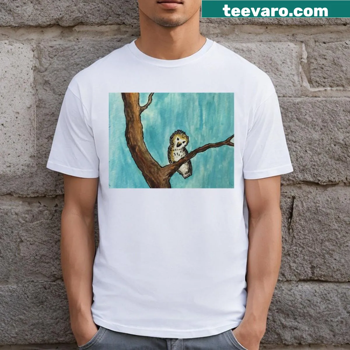 Watercolor owl design T-shirt celebrating nature — on a men's t-shirt