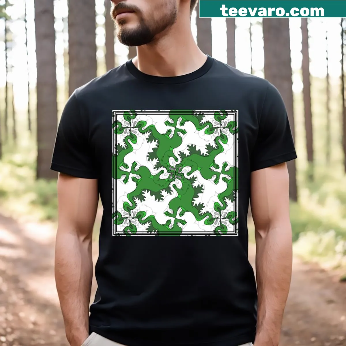 Tessellated monsters graphic T-shirt in playful design — on a men's t-shirt