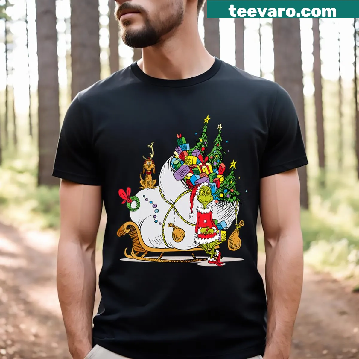 Womens V-neck T-shirt featuring Grinch in a sleigh from Dr. Seuss — on a men's t-shirt