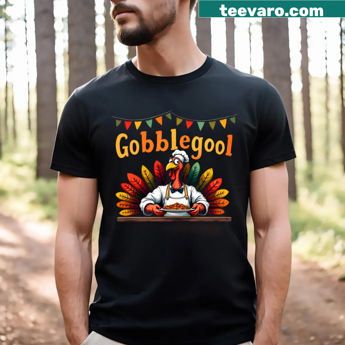Playful turkey chef design for Thanksgiving family gatherings — on a men's t-shirt