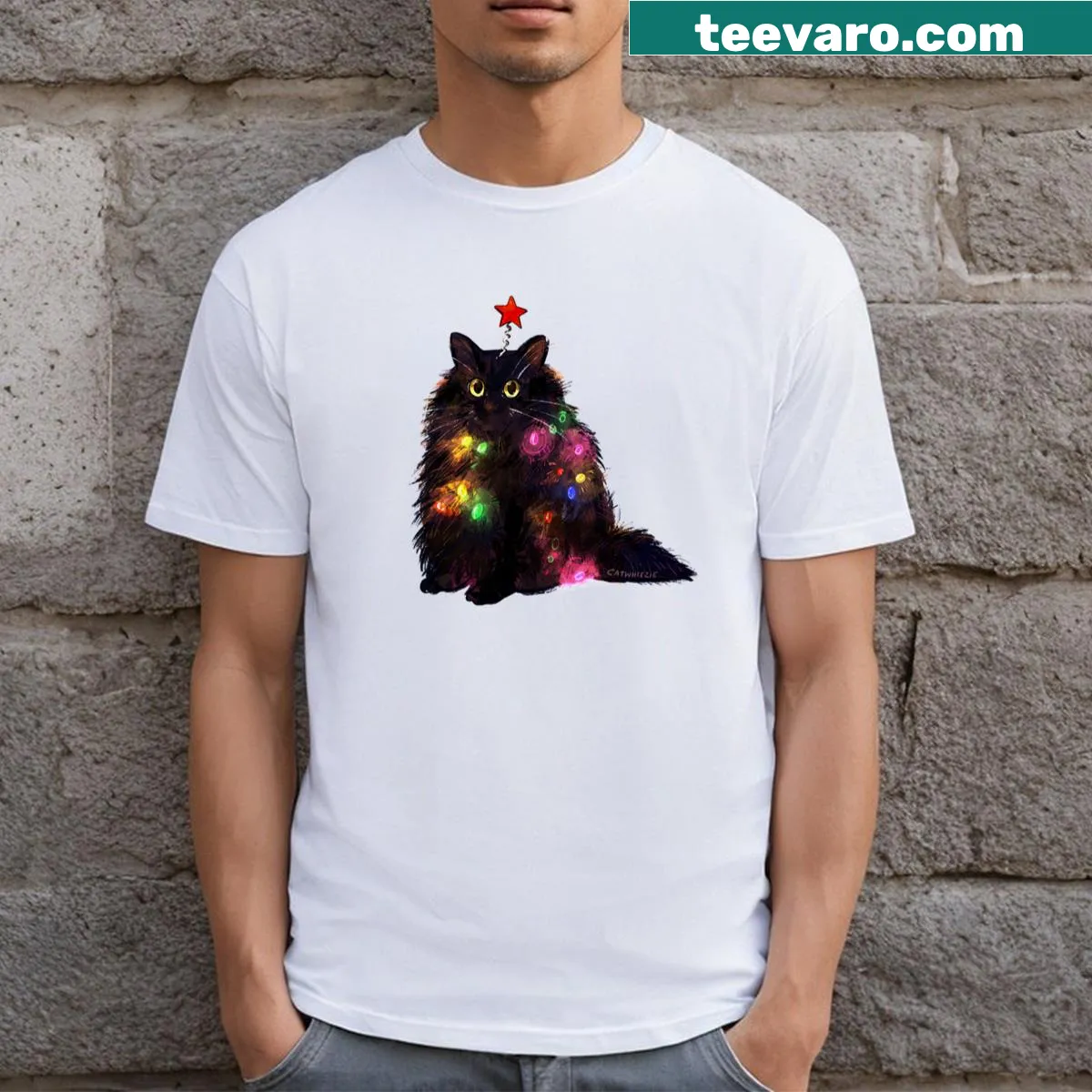 Catmas design t-shirt with Christmas lights and black cat illustration — on a men's t-shirt