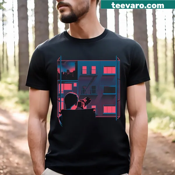 Tribute T-shirt featuring imagery inspired by Hitchcock's Rear Window