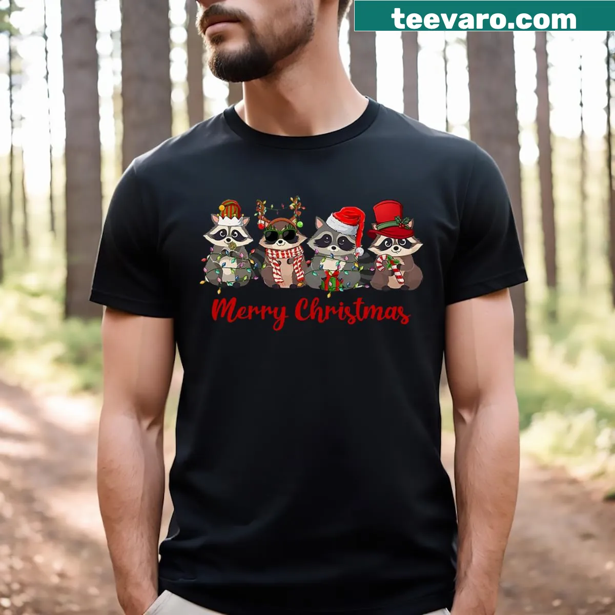 Funny T-shirt featuring a raccoon in a festive holiday scene — on a men's t-shirt