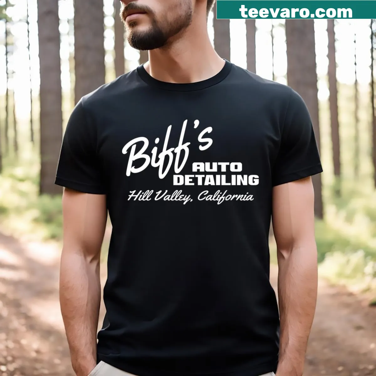 Back To The Future shirt featuring Biff's Auto Detailing graphic — on a men's t-shirt