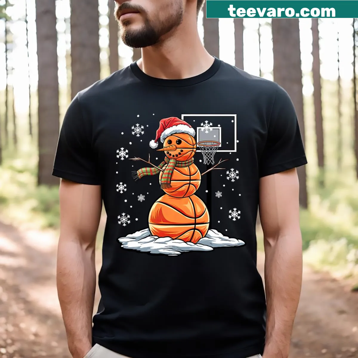 Funny Christmas T-shirt with a snowman playing basketball — on a men's t-shirt