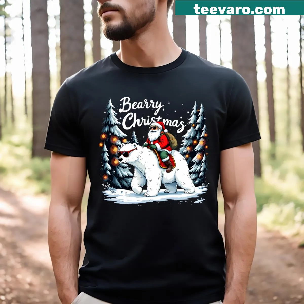 Funny Christmas design featuring Santa and a polar bear — on a men's t-shirt