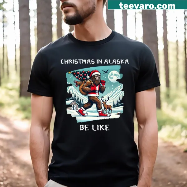 Imaginative Christmas t-shirt featuring Bigfoot on an adventure.