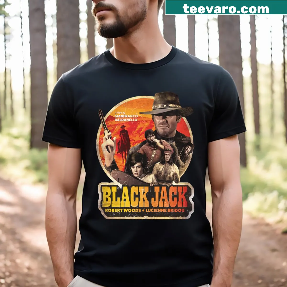 Minimalist Black Jack 1968 graphic t-shirt — on a men's t-shirt