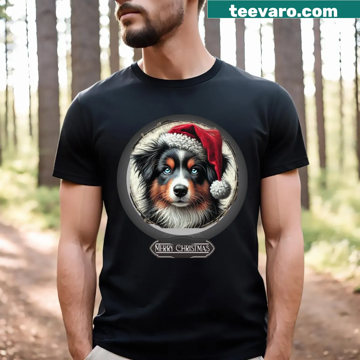 Illustration of a blue-eyed Australian Shepherd in a Santa hat — on a men's t-shirt