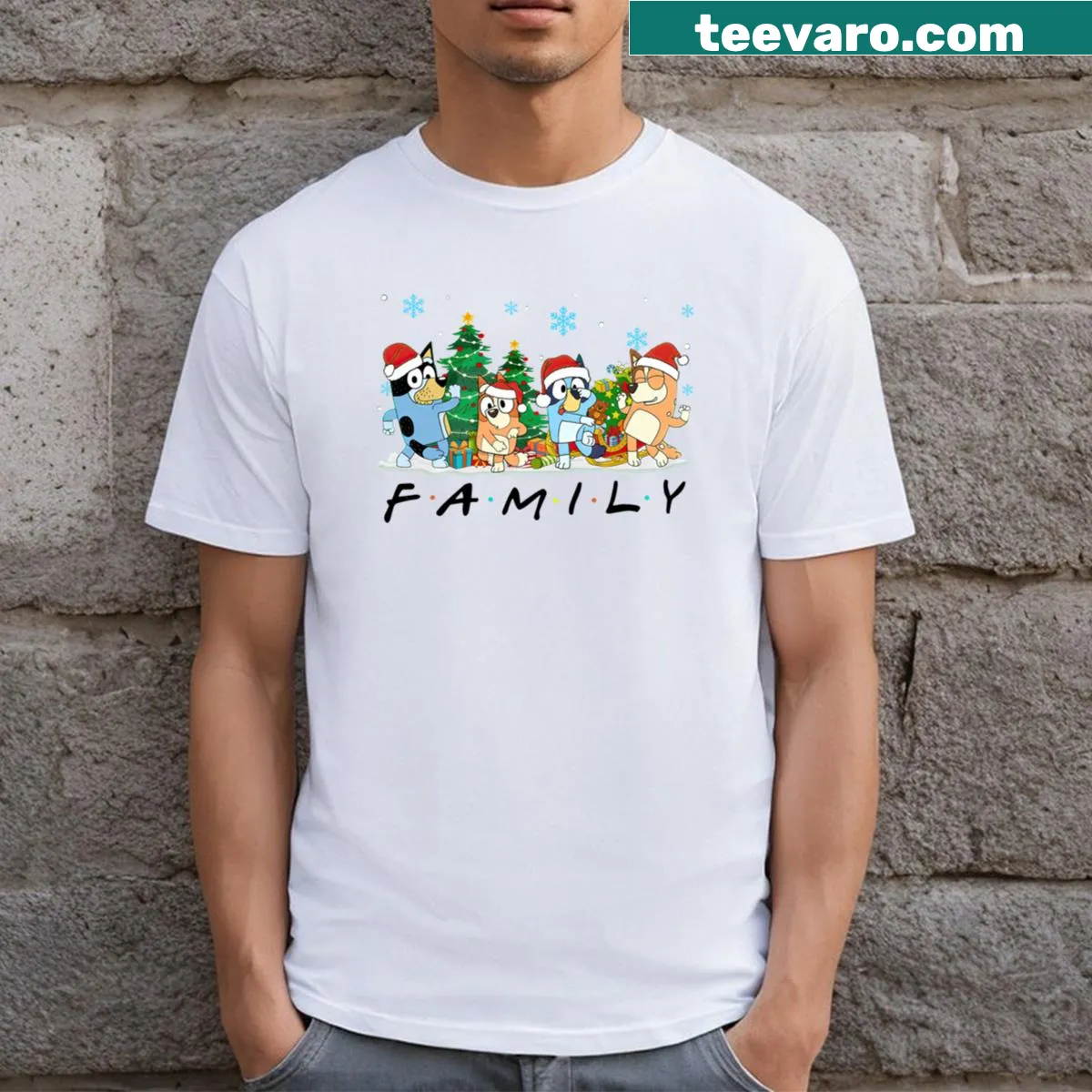Funny Bluey family design for kids' Christmas t-shirt — on a men's t-shirt