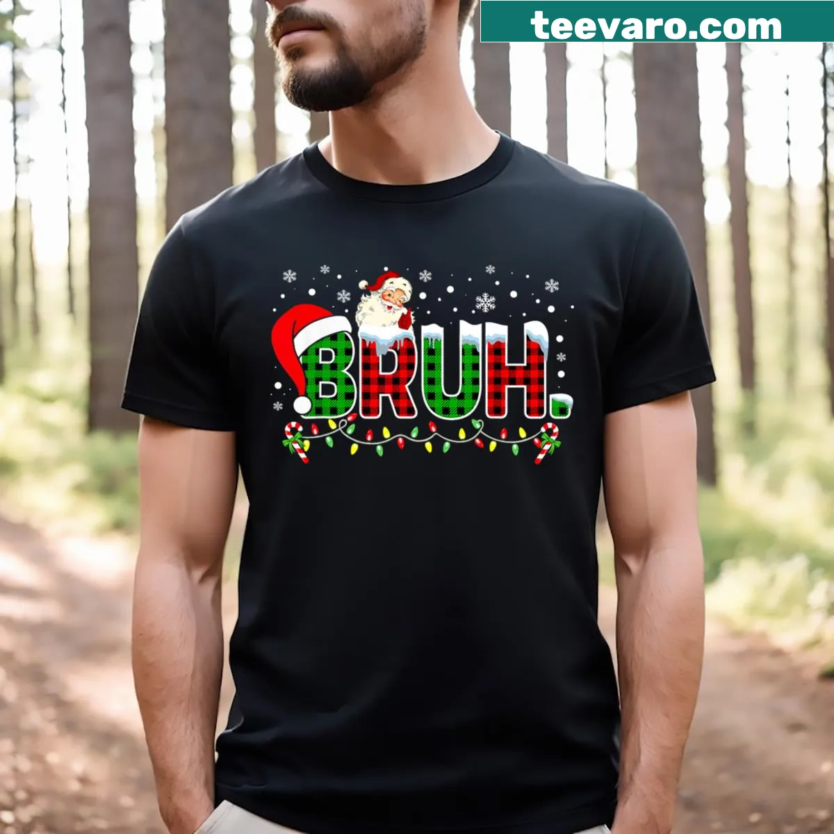 Funny Christmas t-shirt with plaid pattern and text 'Bruh' — on a men's t-shirt