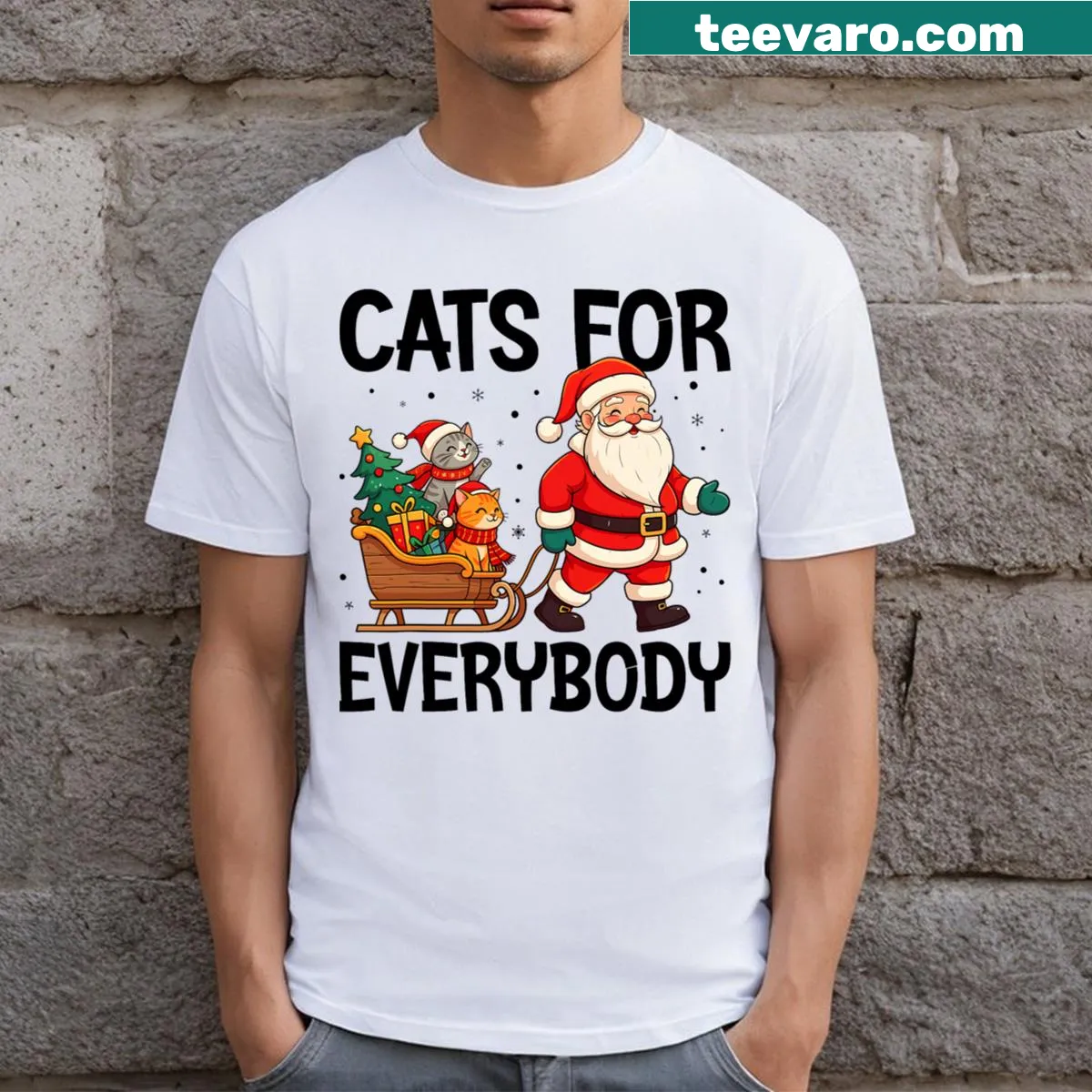 Funny Christmas T-shirt with kittens and humorous text design — on a men's t-shirt