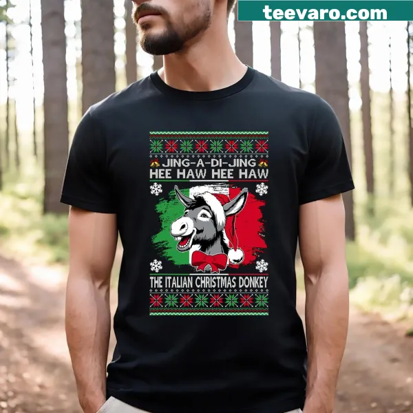 Illustration of Dominick the Italian Christmas donkey on a t-shirt