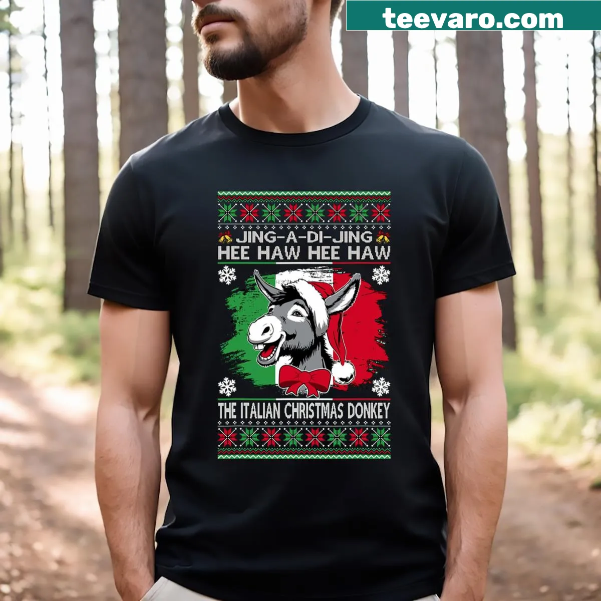 Illustration of Dominick the Italian Christmas donkey on a t-shirt — on a men's t-shirt