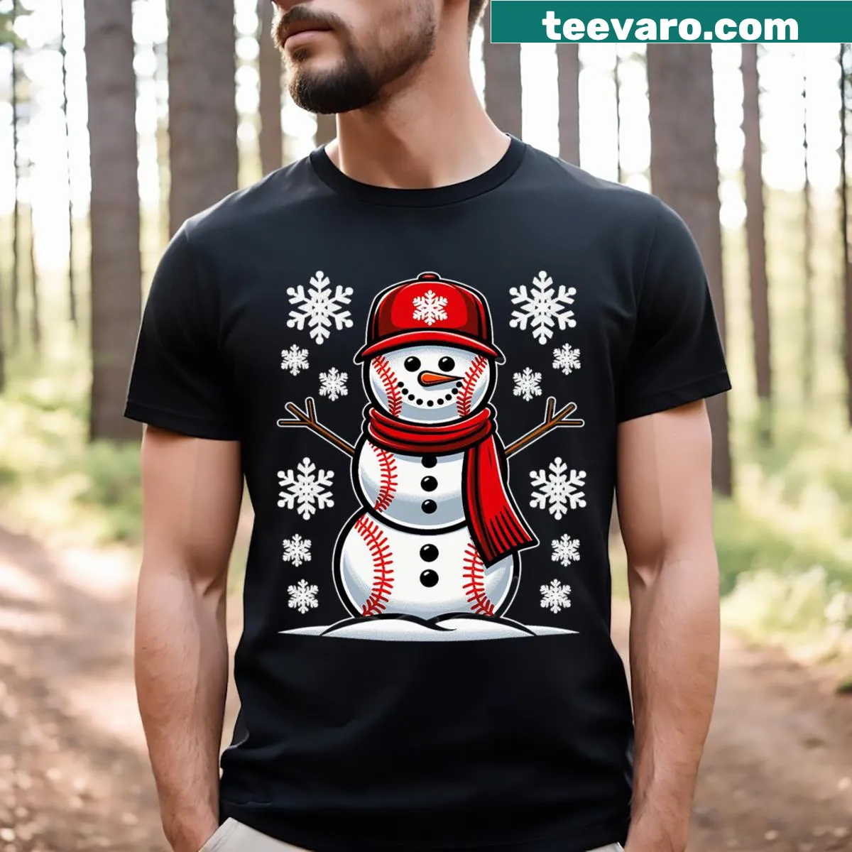Illustrated Christmas baseball snowman t-shirt for boys — on a men's t-shirt