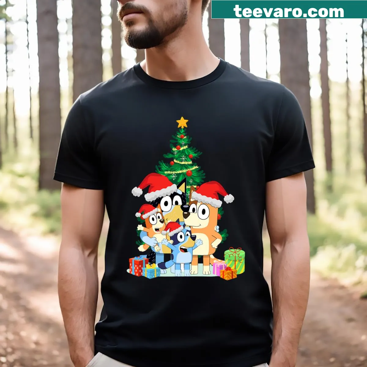 Cartoon characters around a Christmas tree t-shirt — on a men's t-shirt