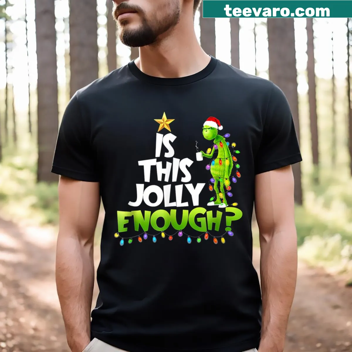 Funny Grinch t-shirt with jolly saying for Christmas — on a men's t-shirt