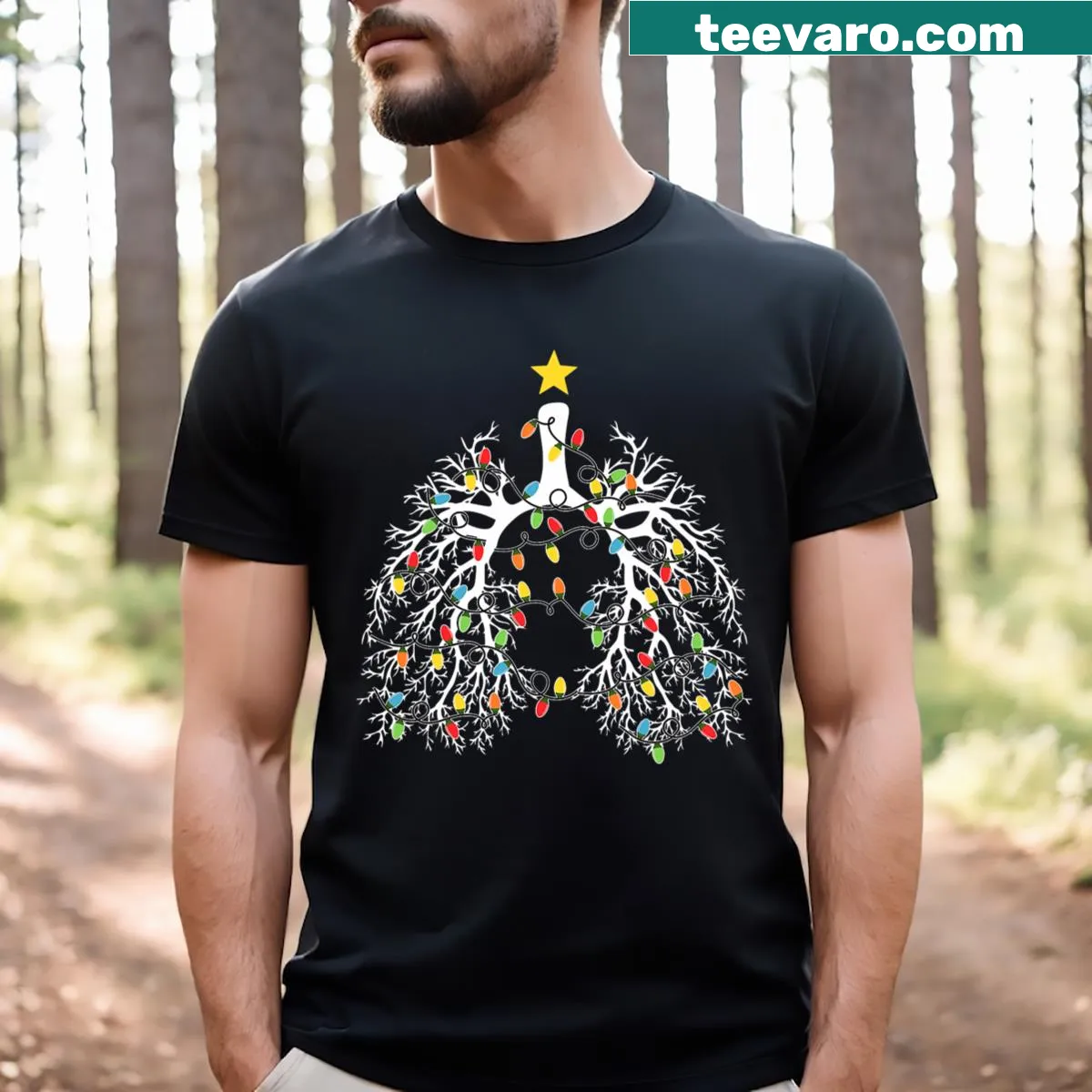 Funny Christmas Nurse shirt with lung lights design — on a men's t-shirt