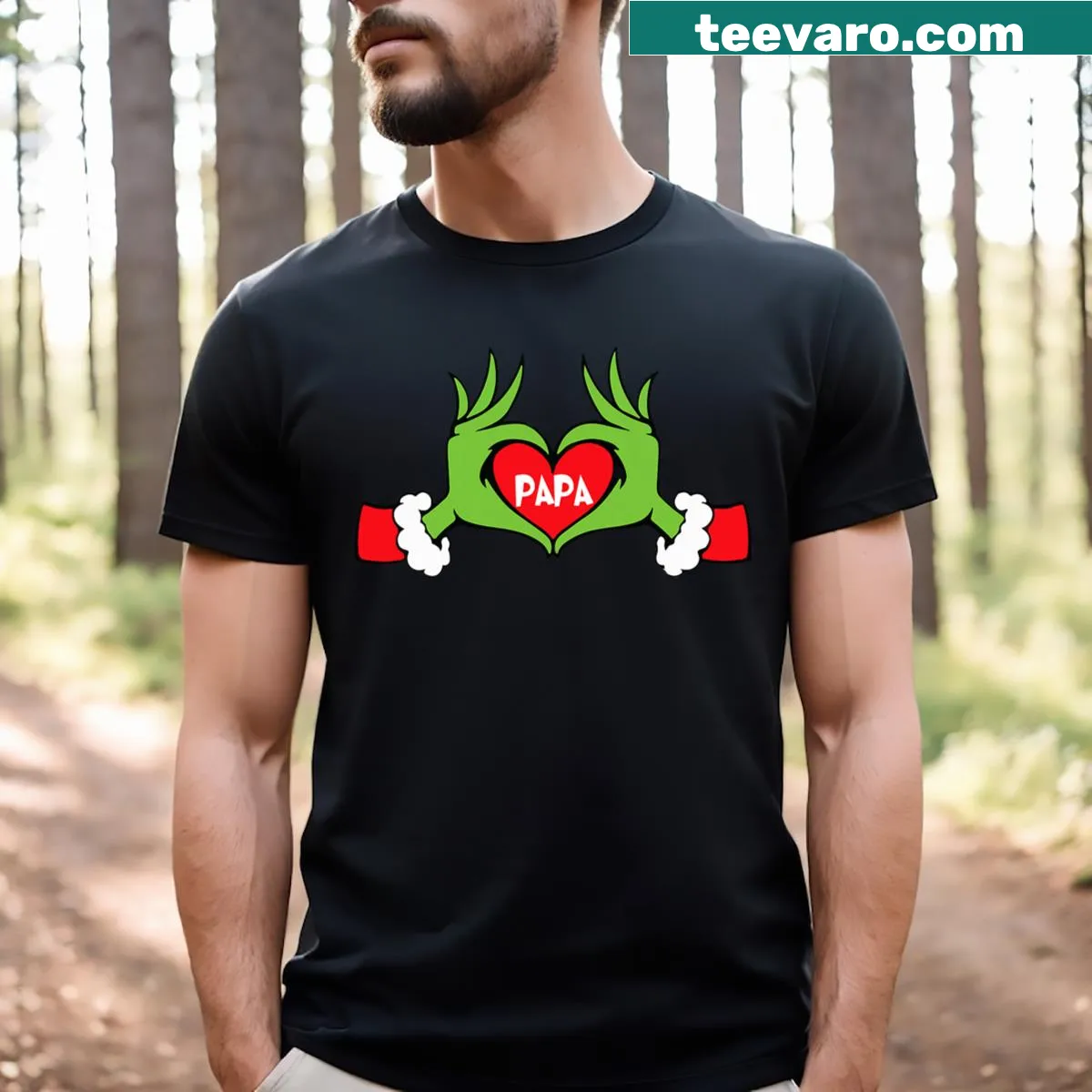 Funny Christmas Papa shirt with elf and heart hands — on a men's t-shirt