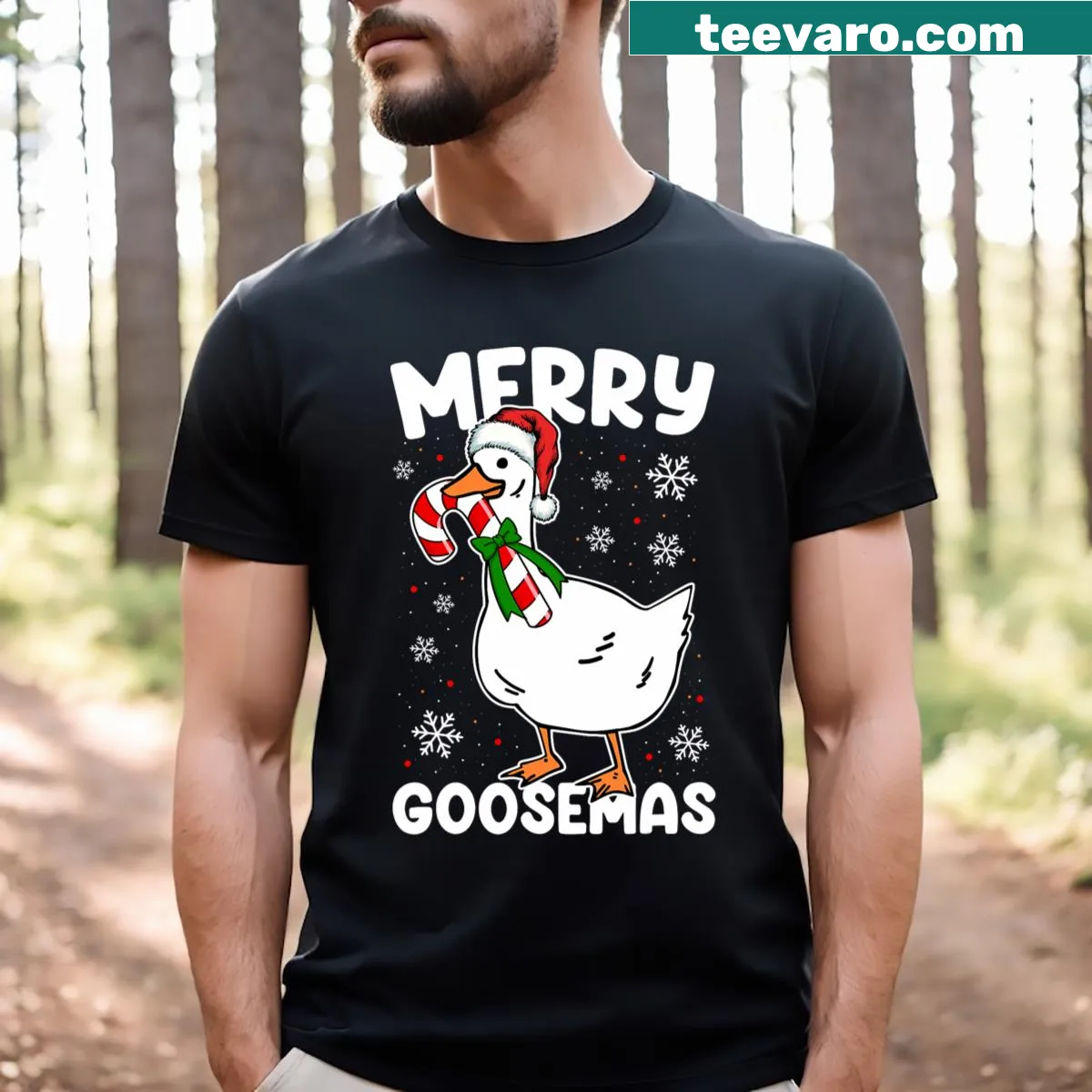 Funny Christmas shirt with a silly goose design — on a men's t-shirt
