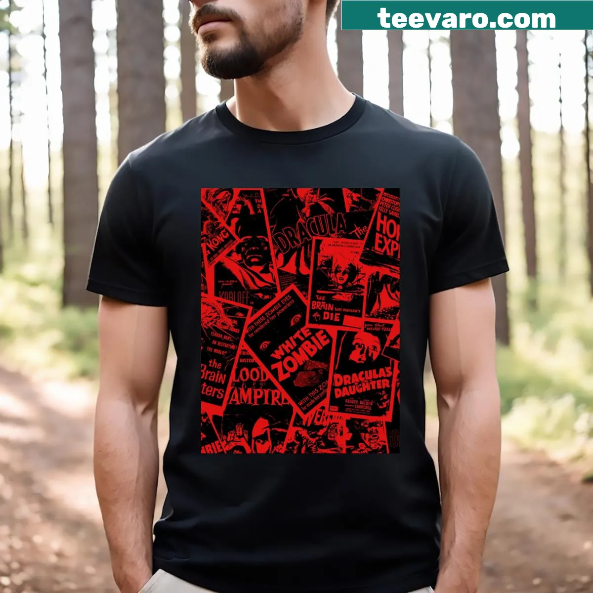 Vintage horror movies collage graphic on t-shirt — on a men's t-shirt