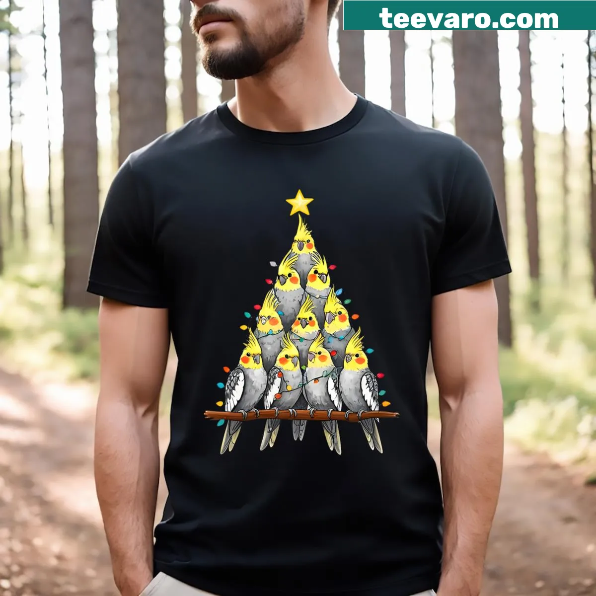 Cockatiel with Christmas tree and lights illustration on t-shirt — on a men's t-shirt