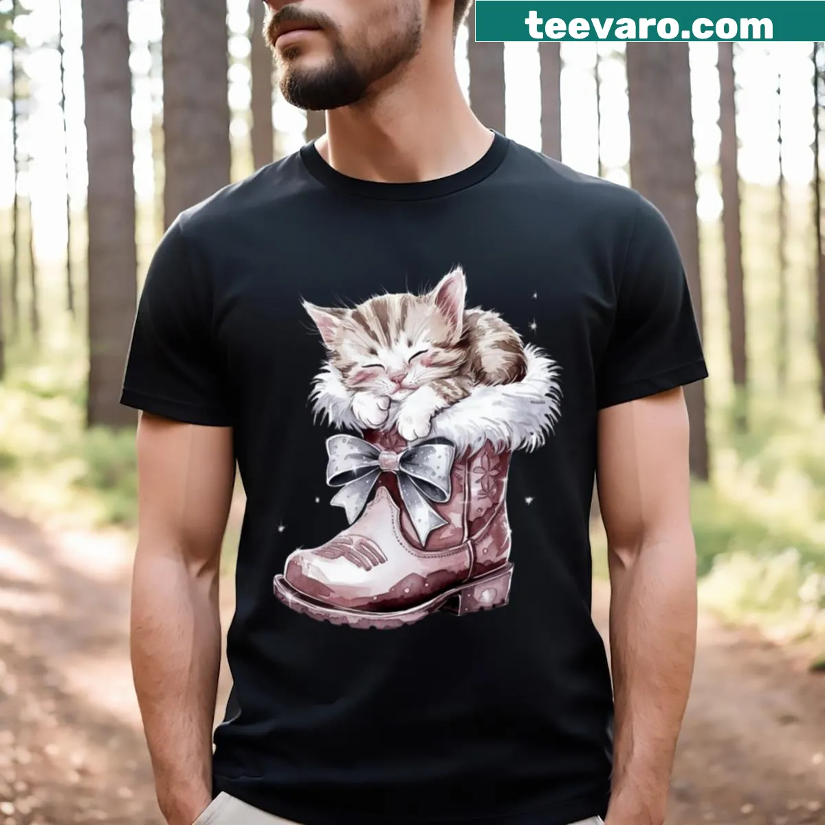 Illustration of a cute cat sleeping in a shoe on a t-shirt — on a men's t-shirt