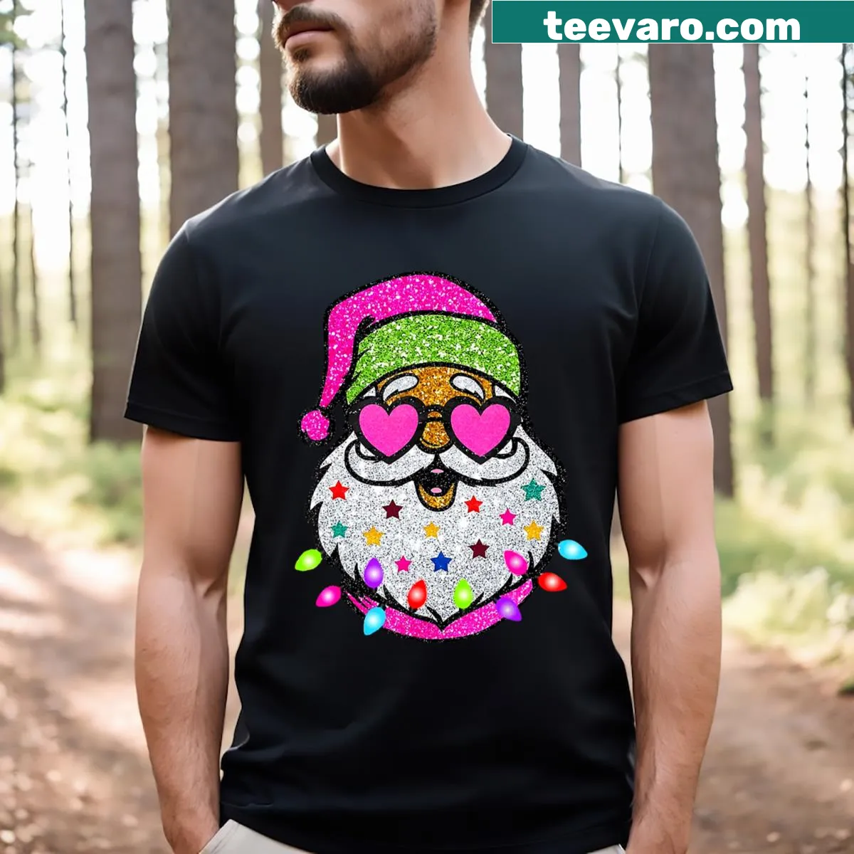 Playful Santa in sunglasses with Christmas lights on a T-shirt — on a men's t-shirt