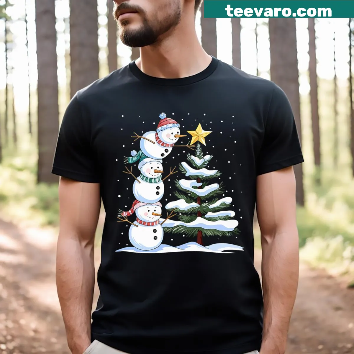 Snowman with Christmas tree graphic on t-shirt — on a men's t-shirt