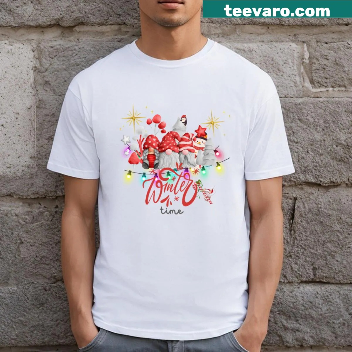 Illustration of a cute gnome in a winter hat for Christmas — on a men's t-shirt