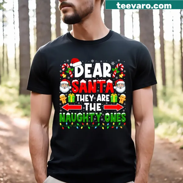 Funny Christmas T-shirt with 'Dear Santa They Naughty Ones' text for kids and men.